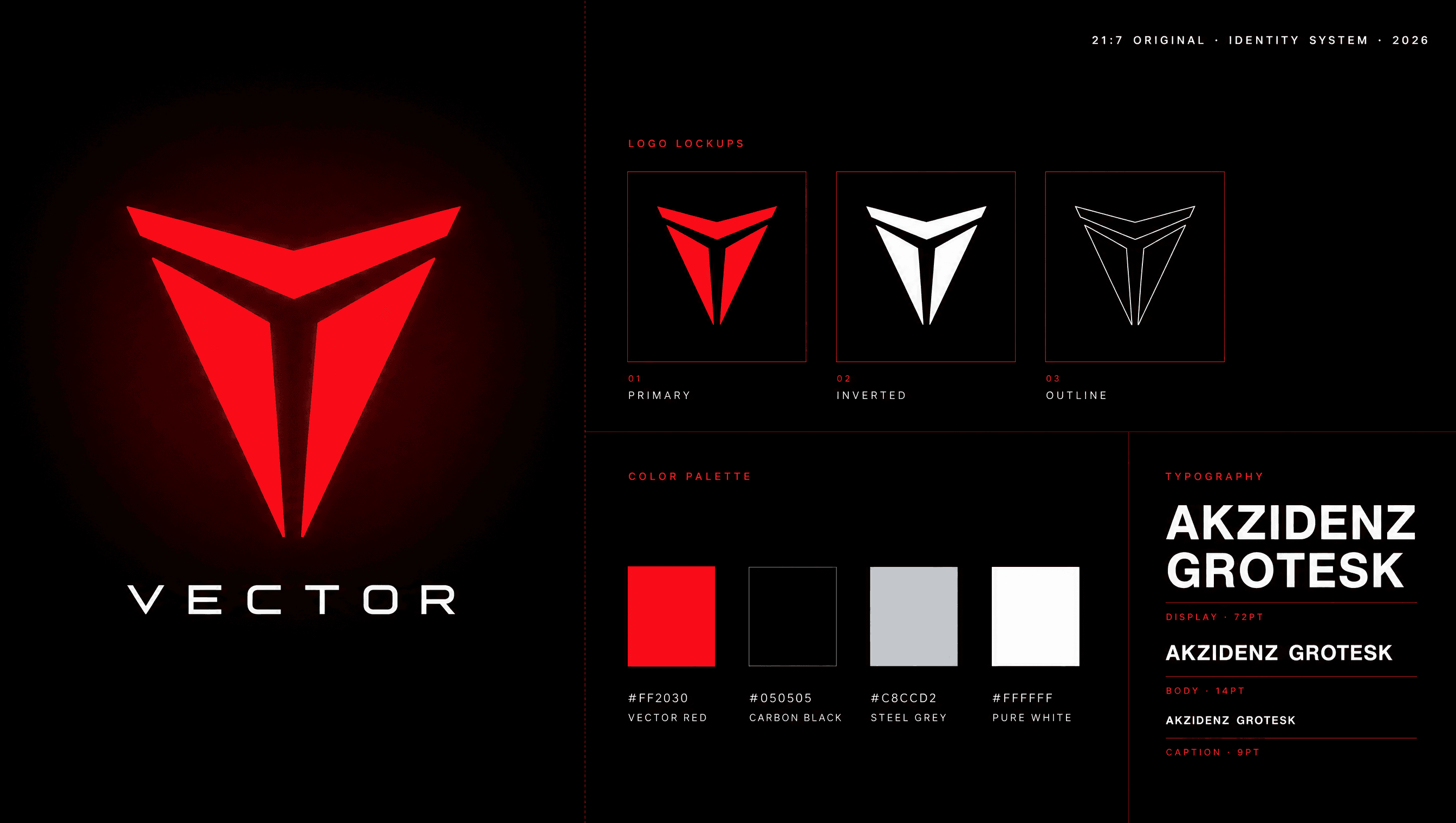 VECTOR — full brand identity system: logo, variants, color palette, typography. Designed by 21:7.
