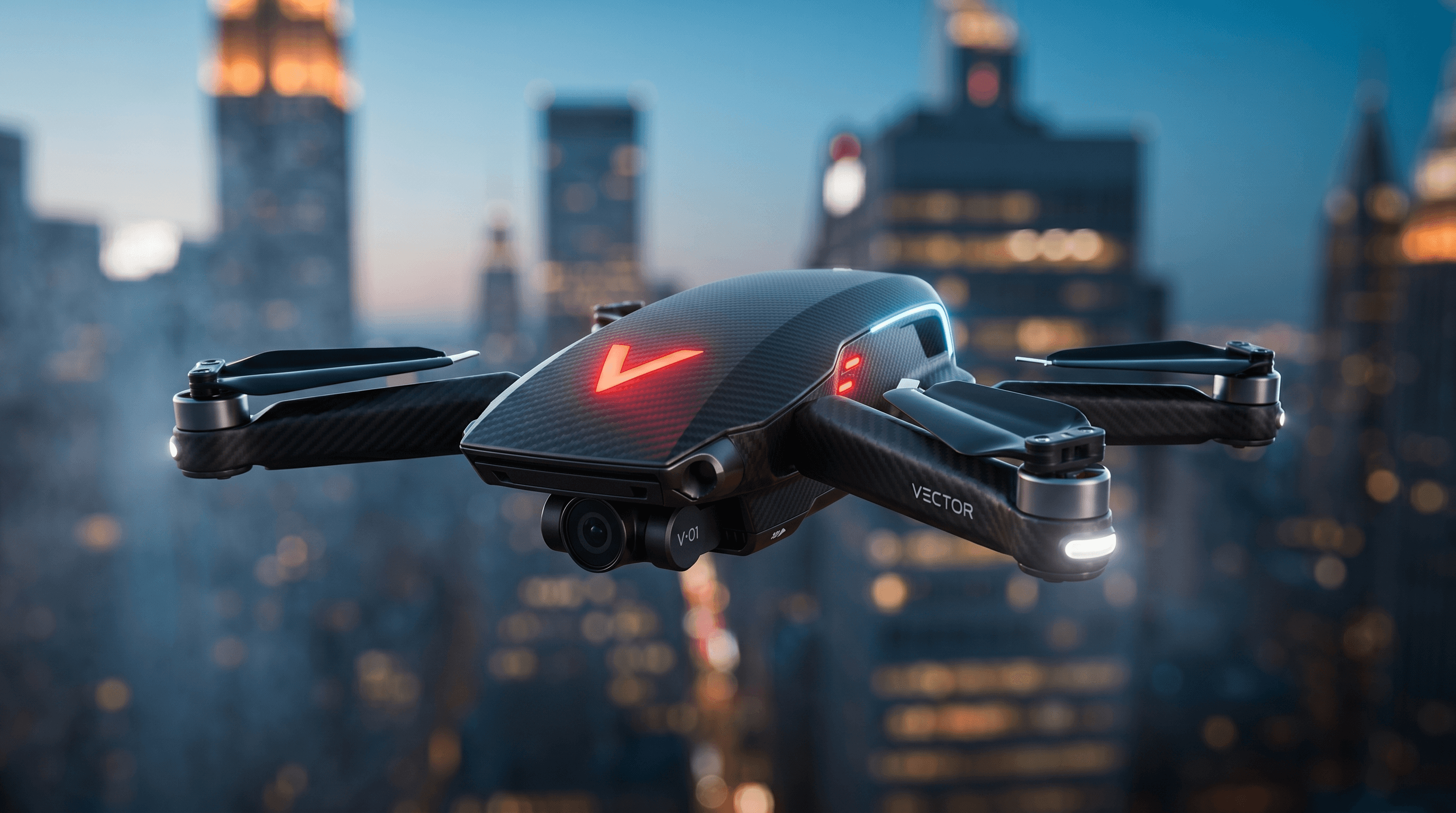 VECTOR drone — full brand applied: carbon body, glowing V emblem, VECTOR wordmark, V-01 badge. Designed by 21:7.